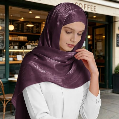 Premium Hijab Head Scarf for Women Lightweight Shimmer Hijab Head Wrap Scarves Crepe Satin Scarf Shawl Wrap - color: Purple