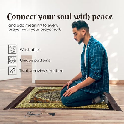 Muslim Prayer Rug, Soft Plush Thin Islamic Prayer Mat, Janamaz, Sajada, Praying Carpet, Islamic Gift, Foldable Portable Turkish Prayer Mat for Men&Women, Lightweight Travel Prayer Rug, 26"x43" - color: Jeddah / Browncacao