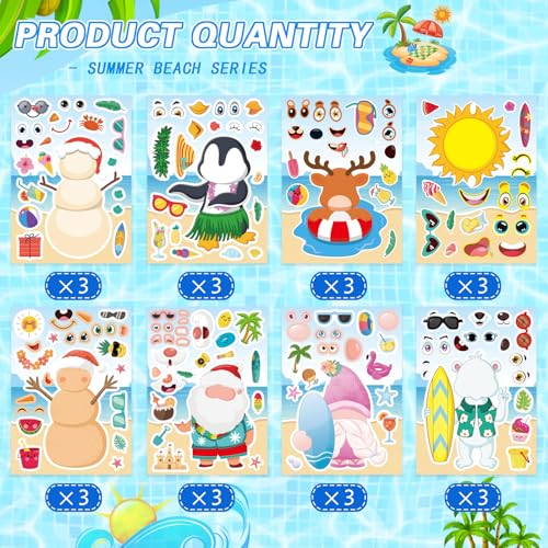 Summer Stickers for Kids, July Christmas Hawaii Tropical Beach Stickers | 24 PCS Make Your Own Mix and Match Sticker with Santa Claus, Reindeer, Penguin, Polar Bear and Snowman, Make a Face Stickers - style: July Christmas Stickers