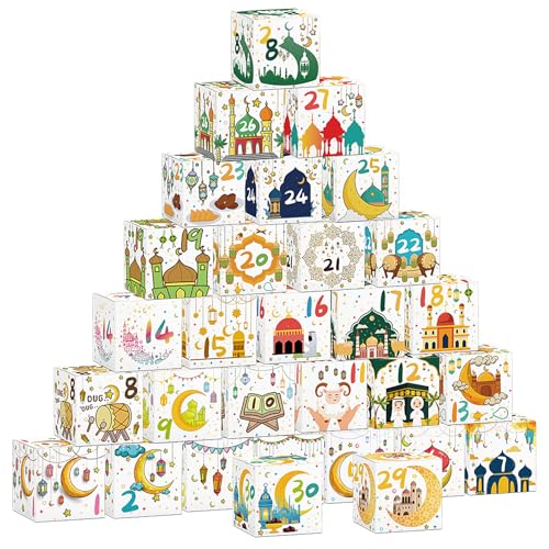 Ramadan Advent Calendar 2025, 30 Ramadan Countdown Boxes with Festive Islamic Art, Eid Mubarak Coutdown Calendar Fillable Ramadan Gifts Box, Ramadan Decorations for Home