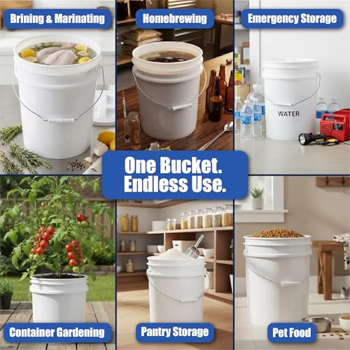 5 Gallon Bucket - Food Grade w/Lid BPA-Free, White/Blue, 6 | Airtight Gamma Seal Screw-On Lid, Heavy-Duty 90 Mil HDPE Plastic, Food Safe and Durable Container, Bulk Storage, Made in USA - color: White/Blue, size: 6 Packs