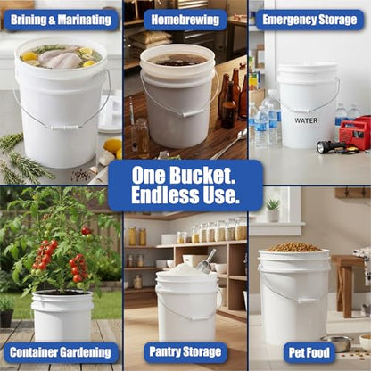 5 Gallon Bucket - Food Grade w/Lid BPA-Free, White/Blue, 3 | Airtight Gamma Seal Screw-On Lid, Heavy-Duty 90 Mil HDPE Plastic, Food Safe and Durable Container, Bulk Storage, Made in USA - color: White/Blue, size: 3 Packs