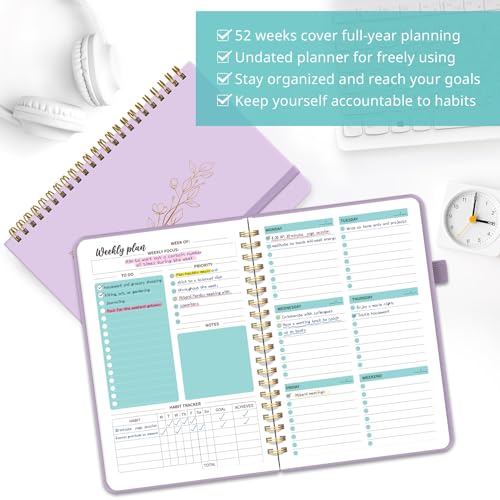Taja Undated Weekly Planner, Weekly To Do List Notebook with Goal & Habit Tracker Organizer, A5 Weekly Planner Notebook with Spiral Binding, 6.1" x 8.2" - Purple - color: g.Purple