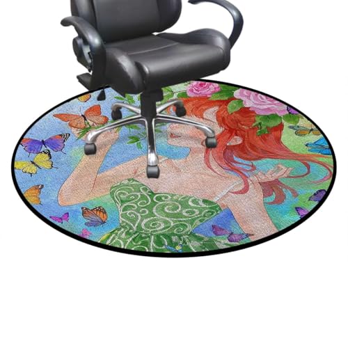 Girl in Flowers Round Gaming & Office Chair Mat, Anime Nature Harmony Anti-Slip Floor Protector for Rolling Chairs, Durable Computer Chair Mat, Pastel Pink Green Diameter 35.4 in - color: Girl in Flowers_0624, size: Diameter 35.4 in