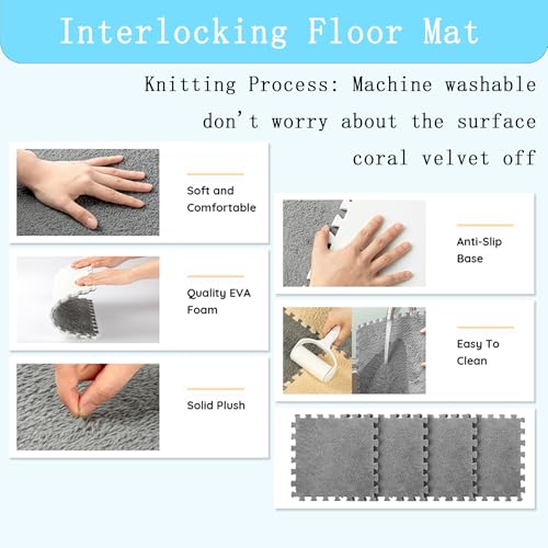 Gangdise 12 PCS Thickened Plush Interlocking Floor Mat Fluffy Square Tiles EVA Foam Matswith 16 Edgings Soft Anti-Slip Exercise Play Mat for Room (White) - color: White