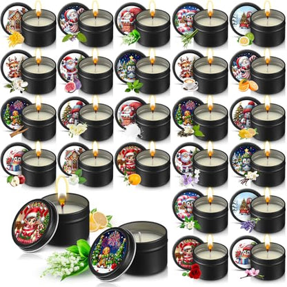 Nuanchu 24 Pack Christmas Scented Candles Gift Set Cartoon Candle for Her Him 2oz Natural Soy Wax Jar Long Lasting Aromatherapy Bulk Favors Set for Christmas Party Home Decor - style: Cartoon