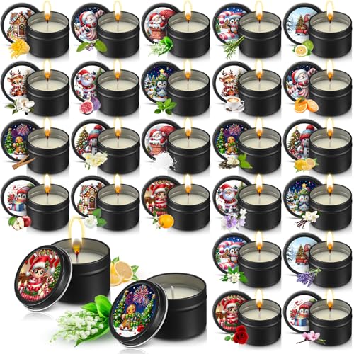 Nuanchu 24 Pack Christmas Scented Candles Gift Set Cartoon Candle for Her Him 2oz Natural Soy Wax Jar Long Lasting Aromatherapy Bulk Favors Set for Christmas Party Home Decor - style: Cartoon