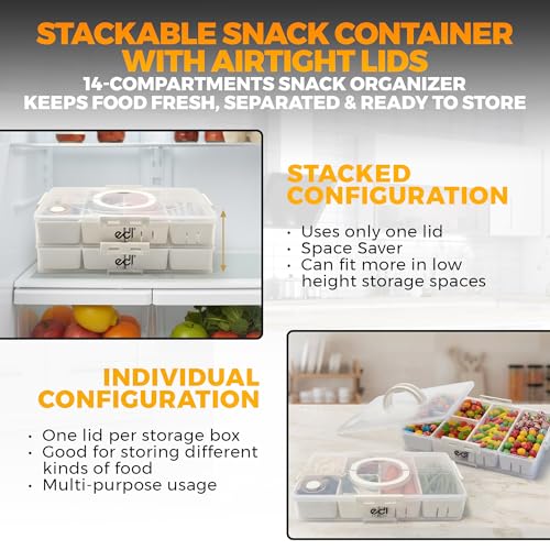 Stackable Snackle Box Container 2 Pack, 14 Compartments with 2 Drain Compartments, BPA-Free Snack Organizer with Lids & Handles for Family Snacks, Dishwasher & Microwave Safe (White 2 Pack) - color: White