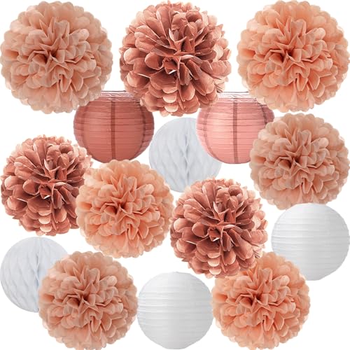 Rose Gold Paper Flowers Tissue Pom Poms Honeycomb Lanterns 15pcs Party Decorations Galentines Birthday Wedding Baby Shower Mothers Day Hanging Supplies Mprocherify - color: Rose Gold
