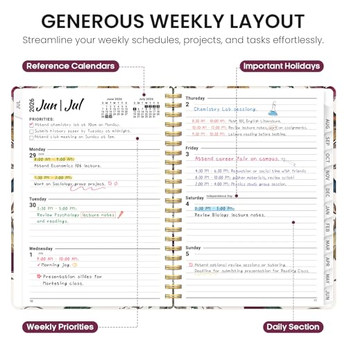 Planner 2026–2027, Academic Monthly Weekly Spiral Calendar, July 2026 – June 2027, Hardcover Agenda Notebook with Tabs, 6.3" x 8.5", Perfect for Students, Teachers, School & Daily Planning - Vineyard Birds - color: K-Vineyard Birds, size: (6.3"x8.5")a5