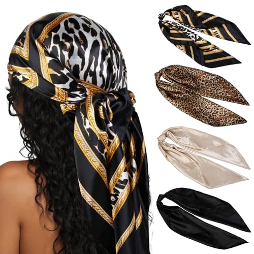 AKTVSHOW Head Scarf for Women Like Silk Square Hair Scarves, Scarf Bandanas for Women 35 Inches - color: Black/Beige/Leopard Print
