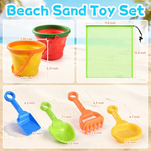 Collapsible Beach Toys for Kids, 2 Packs Foldable Silicone Sand Buckets Set with 4 Packs Sand shovels and Mesh Bag, Travel Beach Essentials for Sandbox, Pool, Camping,Fishing, Summer Party Favors - color: Red-yellow