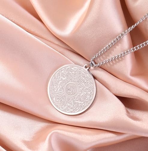 Islamic Ayatul Kursi Necklace Allah Pendant Quran Protection Asma - Ul - Husna Necklace Arabic Calligraphy Script Islam Eid Ramadan Gift Muslim Religious Jewelry Women Men - color: silver