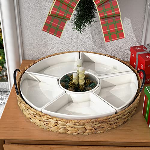 Ceramic Serving Tray, Food Tray 15.5 x 15.5 Inches,Divided Serving Platter with 6 Removable Dishes, Portable Handle Cattail Serving Bowls,Perfect for or Chips and Dip,Natural - color: Natural
