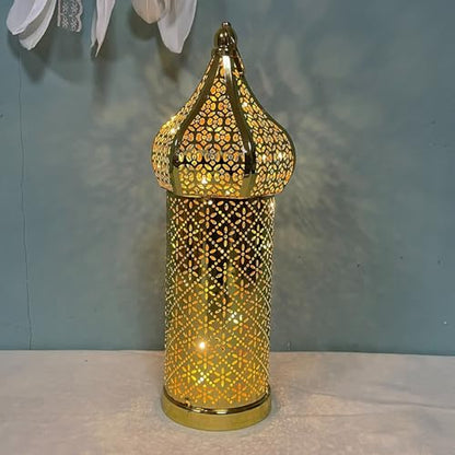 Moroccan Lantern Hollow White LED Wind Lamp Wrought Iron Decorative Ramadan Lantern for Hanging or Table Home, No Battery