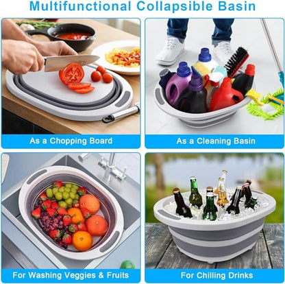Collapsible Wash Basin, 7.5L Dish Tub Sink Basin Folding Dish Pans for Kitchen Sink, 2-in-1 Dishpan + Cutting Board, Portable Sink Dish Basin for Camping BBQ Prep Tub Washing Bin Bucket for Cleaning - style: No Lid