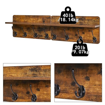 31.5" Coat Rack Wall Mount with Shelf and 8 Hooks, Rustic Brown, HWS006H-2 | 2 Pack Coat Hooks Key Holder Wall Mount, Wood Wall Mounted Coat Rack with Wall Hooks for Hanging, Towel Hooks for Bathroom - color: Rustic Brown
