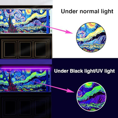 48X18IN Blacklight Vincent Van Gogh Black Light Aquarium Background, UV Fish Tank Background Art Star Oil Painting Terrarium Background with 10 EVA Double-Sided Tape - size: 48X18in/120X45cm