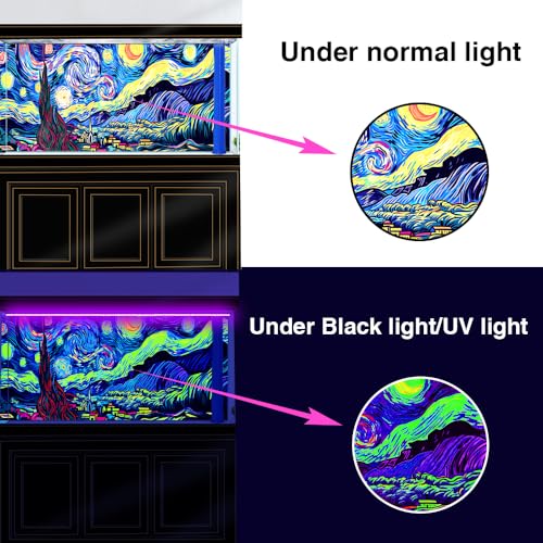 72X18IN Blacklight Vincent Van Gogh Black Light Aquarium Background, UV Fish Tank Background Art Star Oil Painting Terrarium Background with 10 EVA Double-Sided Tape - size: 72X18in/180X45cm