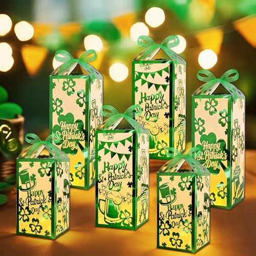 Cinrobiye 6 Set St Patricks Day Party Paper Lanterns Boxes Green Shamrock Light Up Table Centerpiece Decor for Indoor Irish Saint Festive Carnival Supplies Home Activities Decorations - color: Green
