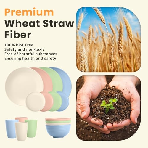 Homienly Premium Dinnerwave Sets, Lightweight & Unbreakable Wheat Straw Dish Set - Plates and Bowls Set with Cups, 16 PCS Microwave and Dishwasher Safe Dinnerware Set - Multi Light - color: Multi Light, size: 16 PCS