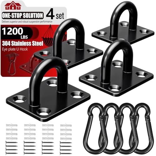 sprookber 304 Stainless Steel Pad Eye Snap Hooks, M8 Heavy Duty Ceiling Hooks, 1200 lb Capacity Hammock Swing Hanging kit, Plant Hangers, Marine Hardware Staple Hook Loop with Screws, Set of 8(Black) | Hanging Kit with Screws for Hammock Chair Swing, Yoga