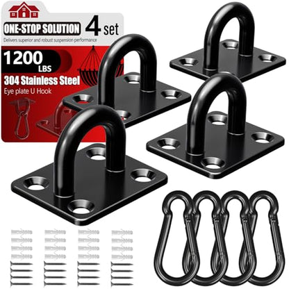 sprookber 304 Stainless Steel Pad Eye Snap Hooks, M8 Heavy Duty Ceiling Hooks, 1200 lb Capacity Hammock Swing Hanging kit, Plant Hangers, Marine Hardware Staple Hook Loop with Screws, Set of 8(Black) | Hanging Kit with Screws for Hammock Chair Swing, Yoga