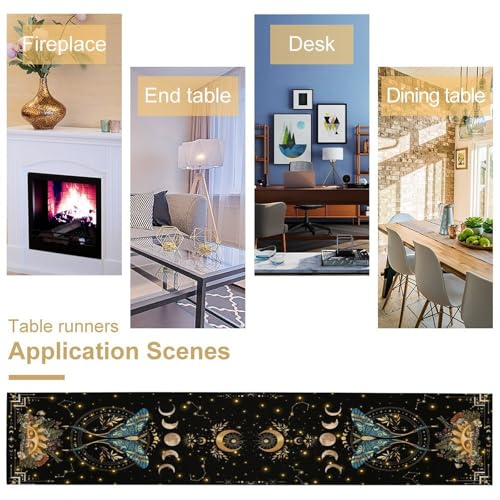 Gothic Moth Table Runner, Boho Gothic Sun Moon Phase Wildflower Mystical Witchy Farmhouse Coffee Table Runner for Home Kitchen Dining Patio Holiday Party 13x36in - color: Moth-5, size: W13''xL36''