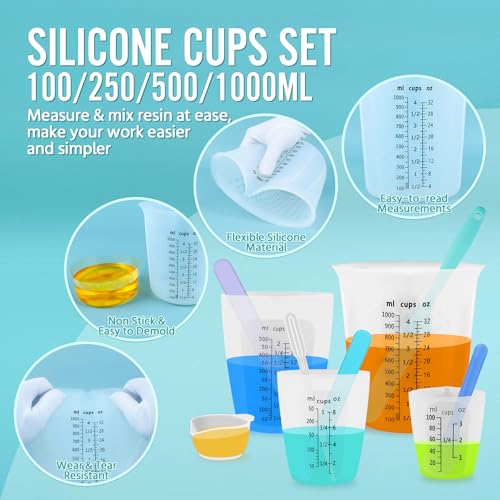 Silicone Resin Mixing 1L Measuring Cup Set for Resin Supplies, Easy-to-Read Marks, 1000ml/32oz Large Cup, 500&250&100ml Thickened Reusable Silicone Cups for Epoxy Mixing, Jewelry Making - size: 1000+500+2*250+4*100ml (Black Marks)