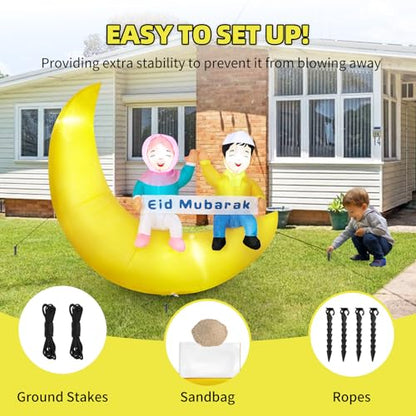 Dawdix 5FT Ramadan & Eid Mubarak Inflatable Decorations with LED Lights, Outdoor Ramadan Yard Decor with Crescent Moon & Replaceable Banners