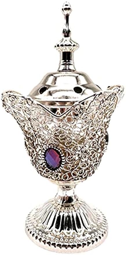 Electric Incense Burner Metal Bakhoor Burner Middle Eastern Style Tabletop Electric Censer for Home Office Yoga Spa Aromatherapy Decor (Silver) - color: Silver