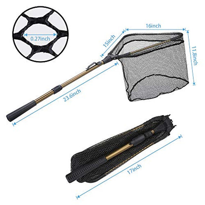 YVLEEN Folding Fishing Net - Foldable Fish Landing Net Robust Aluminum Telescopic Pole Handle and Nylon Mesh 16inch Hoop Size - color: C:16”/40cm Hoop Size (Telescopic Handle) Gold