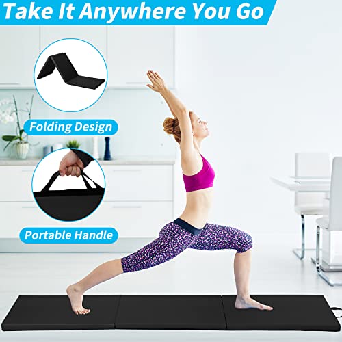 BLKMTY Gymnastics Mat, 2"x6' Folding Exercise Yoga Mat for Kids Tumbling | PU Leather Workout Mat, with Carrying Handles, For Home Gym Aerobic Fitness - color: Black