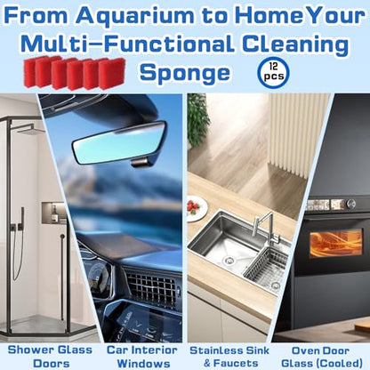 12-Pack Aquarium Glass Cleaner Sponges, 3.25" x 3.25" x 1" | Non-Scratch Thick Durable Scrubber Pads, Safe for Glass Fish Tanks, Crystal Clear View, Red