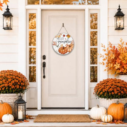 Smile Fall Thanksgiving Halloween Wooden Door Hanger, Hello Pumpkin Maple Leaf Rustic Wood Door Sign for Farmhouse Home Porch Autumn Holiday Party Decorations - style: Hello Pumpkin