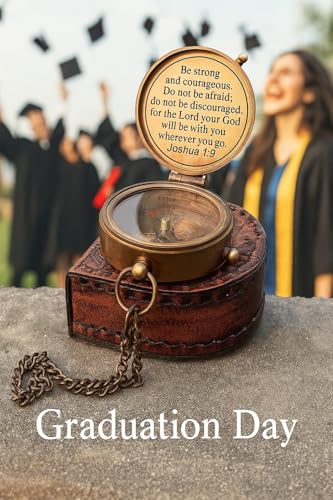 Be Strong and Courageous Engraved Compass | Brass Pocket Compass with Leather Case | Inspirational Gift for Son, Baptism, Graduation, Christian Gift for Men, Confirmation Present