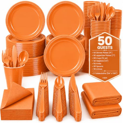 Tinybee 352 Pcs Orange Plastic Plates, Disposable Dinnerware Set for 50 - color: Orange
