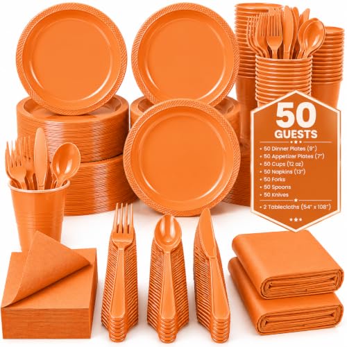 Tinybee 352 Pcs Orange Plastic Plates, Disposable Dinnerware Set for 50 - color: Orange