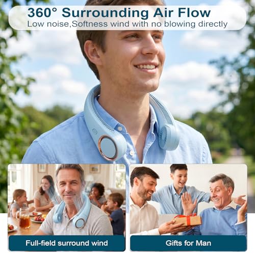 CIVPOWER Neck Fan: Portable Personal Neck Cooling Rechargeable Bladeless Fan - Hands Free 3 Speed 4000 mAh Battery USB Operated Wearable Headphone Design - Gift for Men Women Outdoor (Light Blue) - color: Light Blue