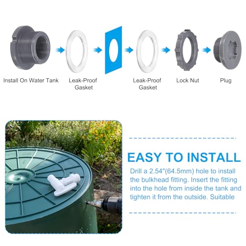 PATIKIL PVC Bulkhead Fitting with Plug NPT1-1/4", 2 Pack Bulkhead Water Tank Connector with Silicone Seal Gasket Garden Hose Fitting with Plug for Rain Bucket, Sinks, Aquariums, Gray