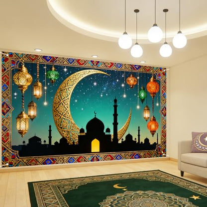 Nuxovilar 라마단 무바라크 초승달 랜턴 배너 폴리에스터 109.2 x 180cm(43 x 71인치) - 모스크, 마당, 야외 장식용 대형 라마단 무바라크 배너 - color: CC01386