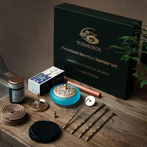 Powder Incense Burner Kit with Brass Censer, Incense Ash Tools and Mold Press Set, Complete Gift Box for Meditation, Yoga and Home Relaxation - color: Sapphire Blue