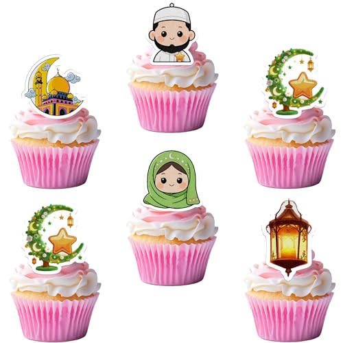 50 PCS Edible Ramadan Cake Toppers Wafer Paper Mosque Lantern Crescent Moon Halal Cupcake Toppers Edible Eid Mubarak Party Decorations for Islamic Muslim Theme Ramadan Kareem Party Supplies - color: Style 4