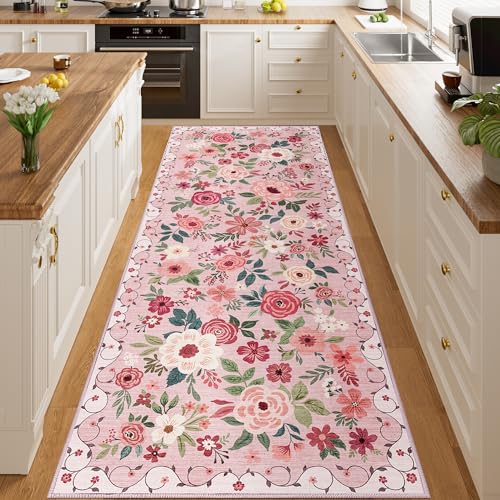DUKINO 3x8 Kitchen Runner Rug, Washable Rug for Hallway Non Slip, Pink - color: Pink, size: 3' x 8' (Rectangular)