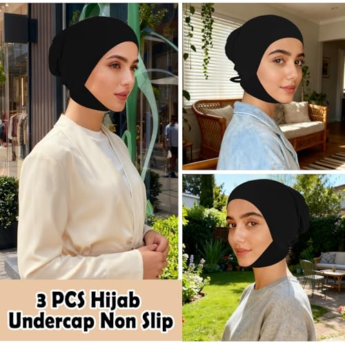 XEPST 3 PCS Hijab Undercap for Women, Islamic Muslim Full Cover Under Hijabcap Milk Silk Fabric Hijab Underscarf Solid Color Adjustable Tie Back Inner Head Scarf Turbans for Women Chemo Cap, D