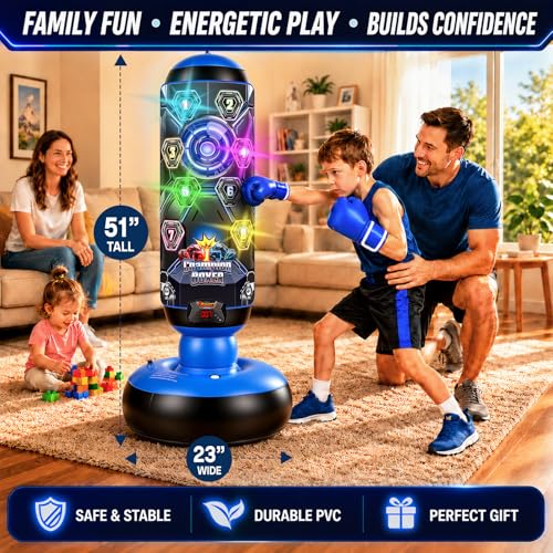 Punching Bag for Kids, 51-Inch Freestanding Inflatable Boxing Bag with Gloves & Pump, LED Lights, Music, Electronic Scoring and 4 Game Modes, Kids Boxing Set for Boys Girls Ages 4-12