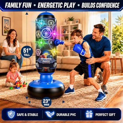 Punching Bag for Kids, 51-Inch Freestanding Inflatable Boxing Bag with Gloves & Pump, LED Lights, Music, Electronic Scoring and 4 Game Modes, Kids Boxing Set for Boys Girls Ages 4-12