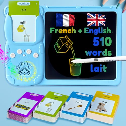 Writing Tablet with Bilingual Flash Cards for Kids, French, Blue - color: French, size: Blue