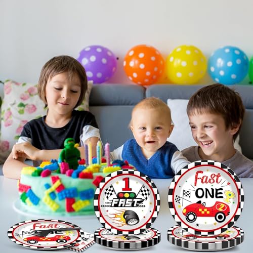 Fast One Birthday Decorations for Boys Racing Car 1st Birthday Party Supplies Fast One Plates Napkins Forks Checked Race Car Disposable Paper Plates Tableware Set for Kids Favors Serve 25 - style: Fast One