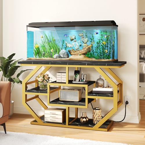 DWVO 55-75 Gallon Aquarium Stand with Power Outlet,Black & Gold | Display Stand for Turtle Tank , Reptile Terrarium, Metal Fish Tank Stand Suitable for Living Room, Entryway, 860LBS Capacity - color: Black & Gold